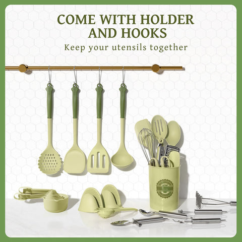 Kikcoin 43-piece kitchen set includes measuring cups for precision.
