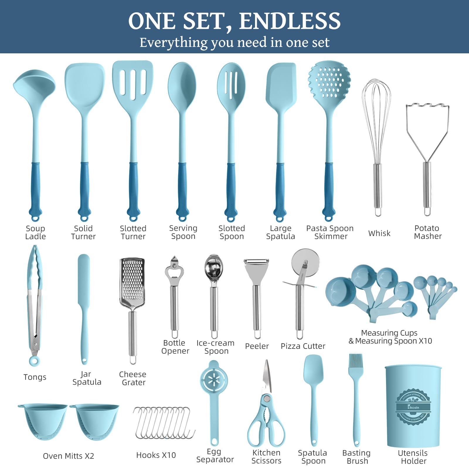 Kikcoin 43pcs ladle image highlighting heat-resistant silicone for control