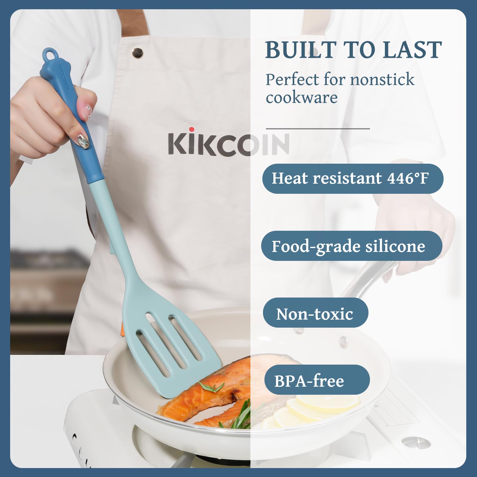 Kikcoin 43pcs slotted spoon image showing draining capability without scratching