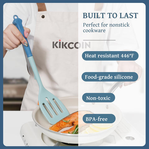 Kikcoin 43pcs slotted spoon image showing draining capability without scratching