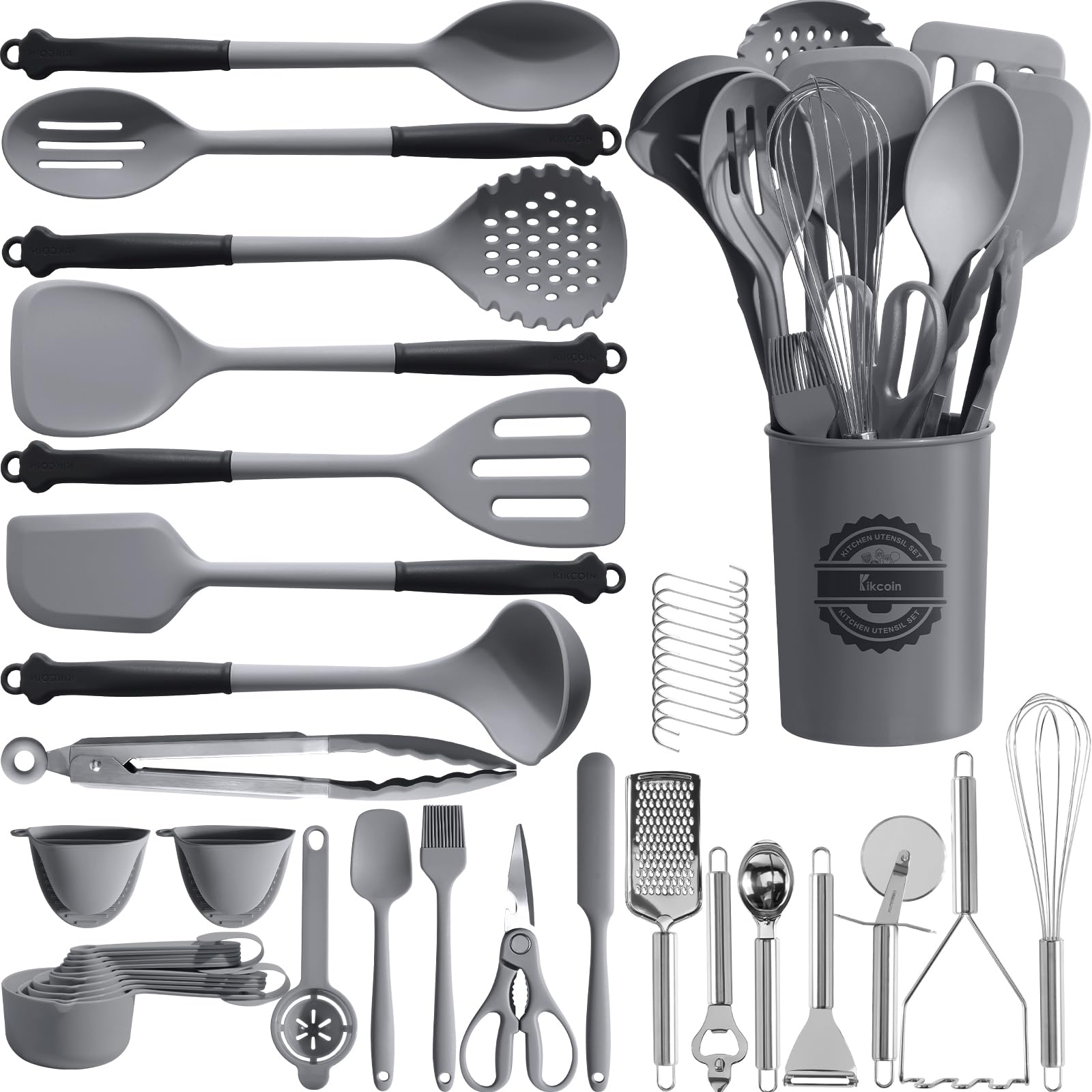 Kikcoin 43Pcs utensils set with holder keeps countertops tidy and accessible.
