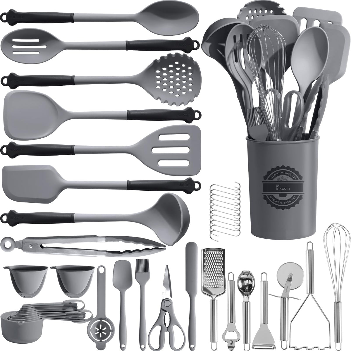 Kikcoin 43Pcs utensils set with holder keeps countertops tidy and accessible.
