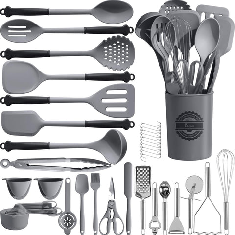 Kikcoin 43Pcs utensils set with holder keeps countertops tidy and accessible.