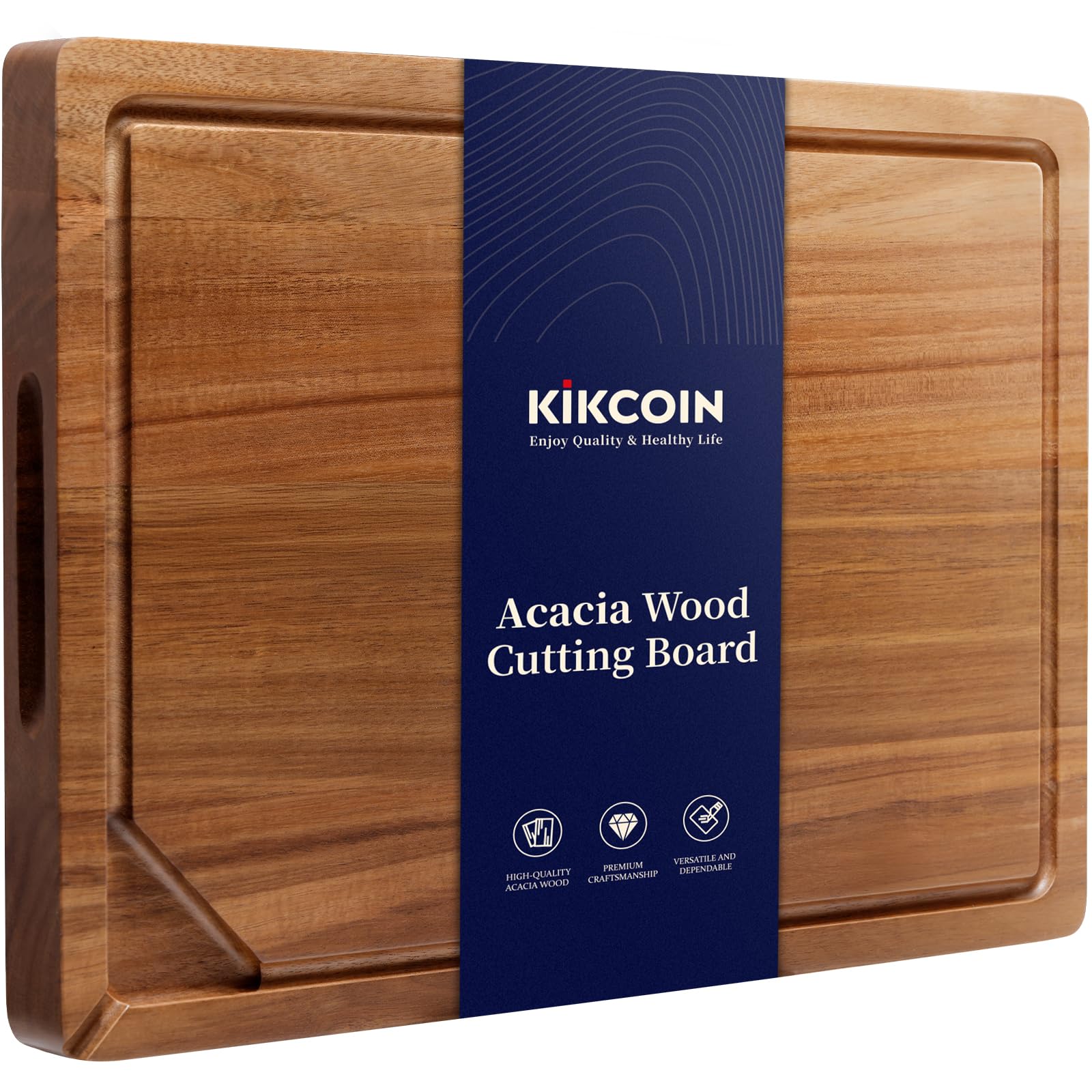 Kikcoin Acacia cutting board with built-in compartments for organized prep