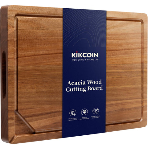 Kikcoin Acacia cutting board with built-in compartments for organized prep
