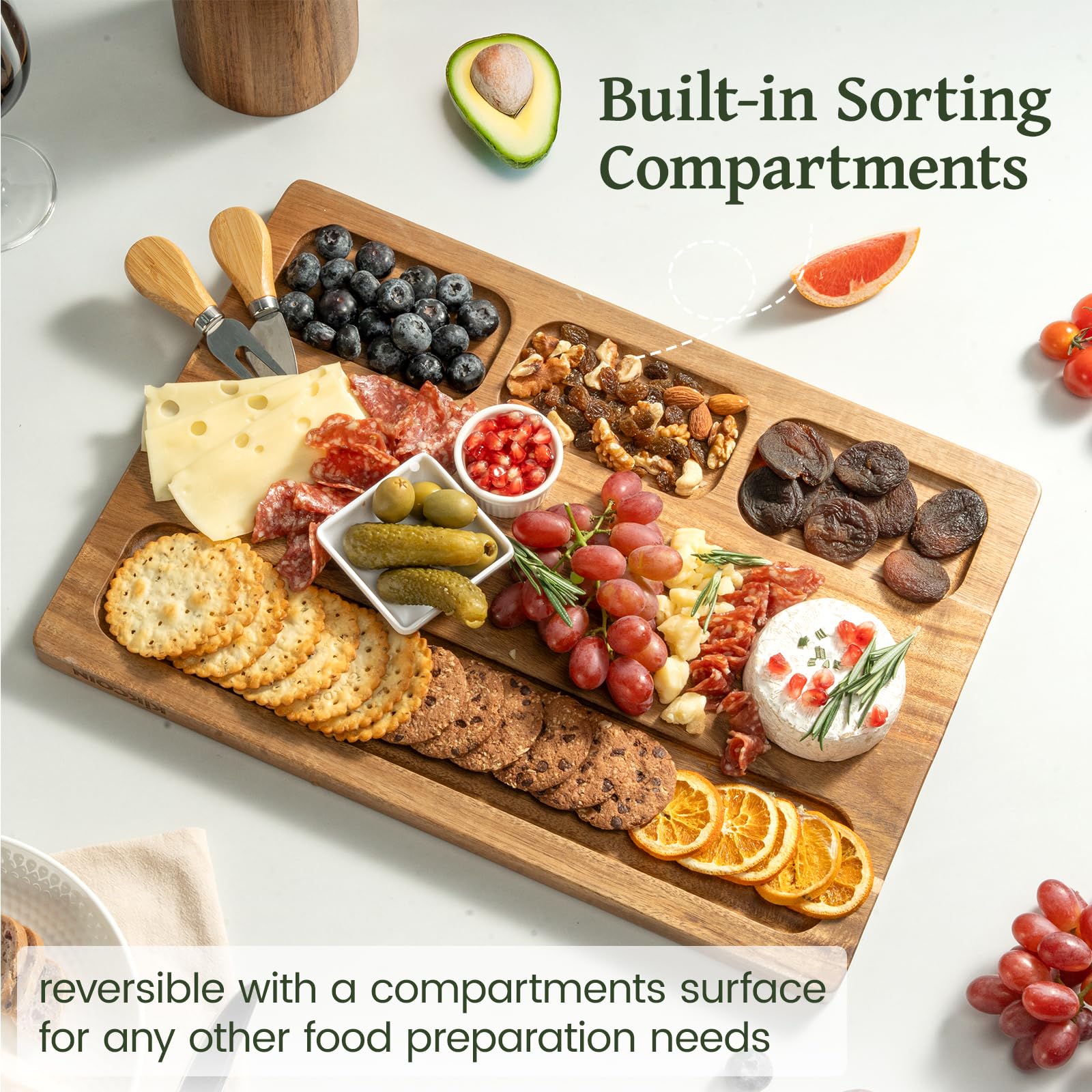 Kikcoin Acacia board with handle doubles as a serving platter