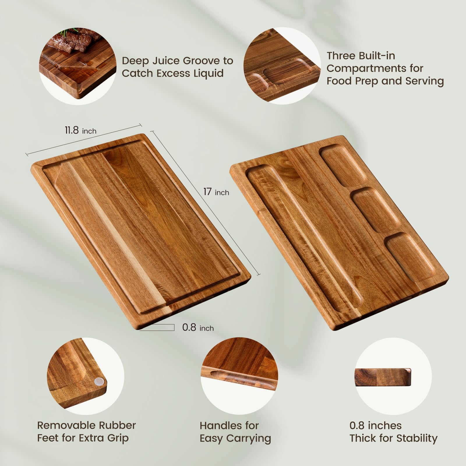 Kikcoin Acacia board with juice groove keeps liquids off the counter