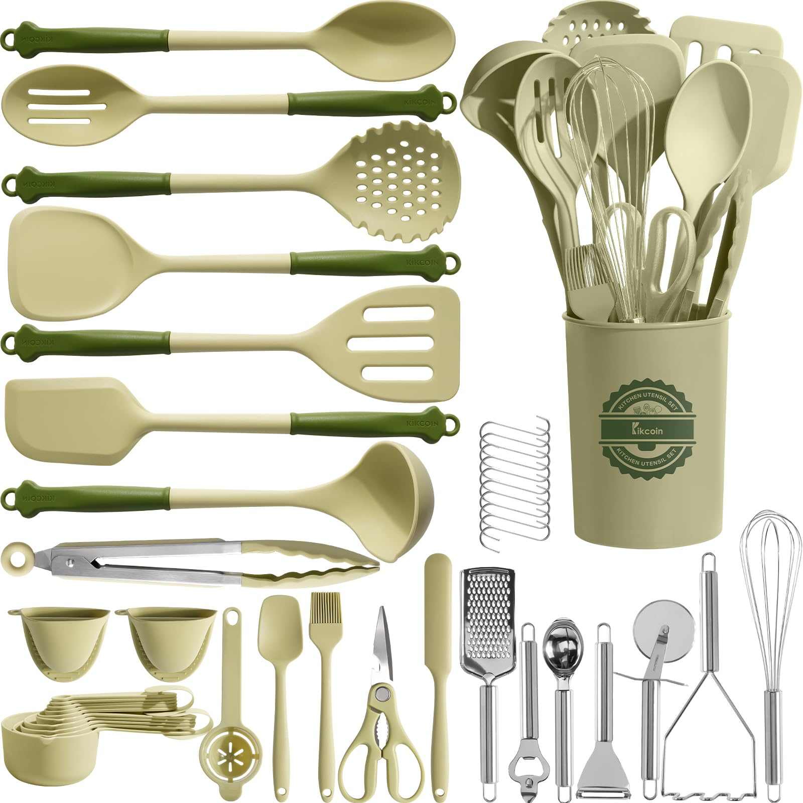 Kikcoin avocado-green utensils set on counter with holder for quick, organized cooking.