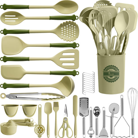 Kikcoin avocado-green utensils set on counter with holder for quick, organized cooking.