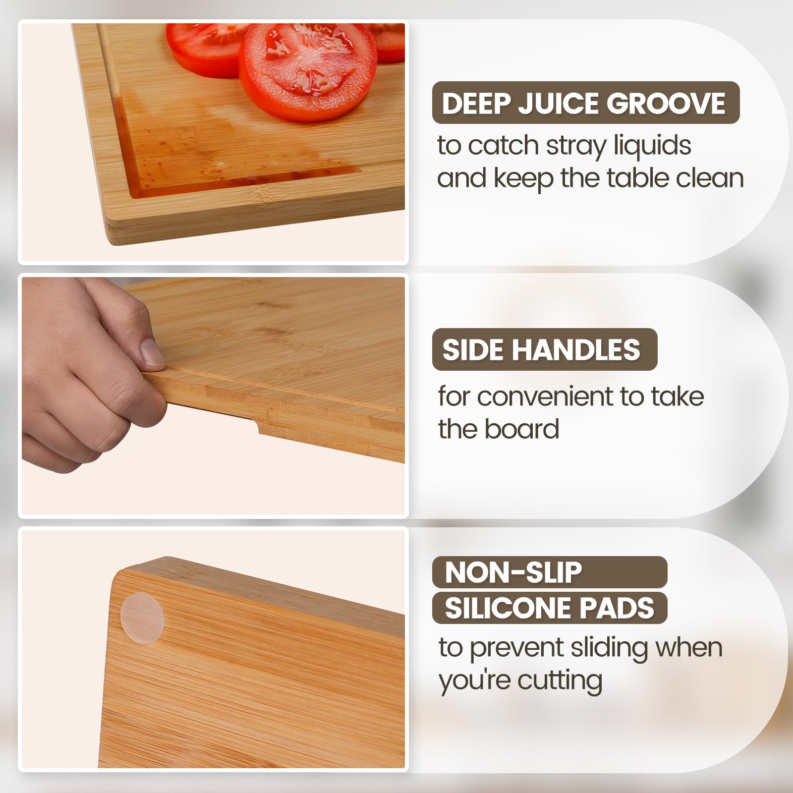 Kikcoin cutting board with 360° rotating stand and rubber feet saves counter space.