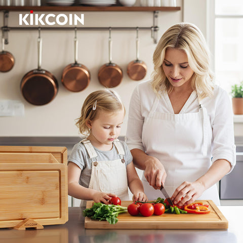 Kikcoin bamboo cutting board built-in handle in use for safe transport