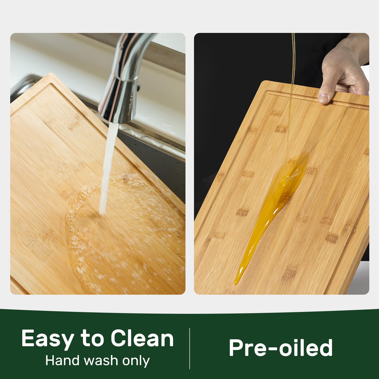 Kikcoin bamboo cutting board built-in handle for easy transport.