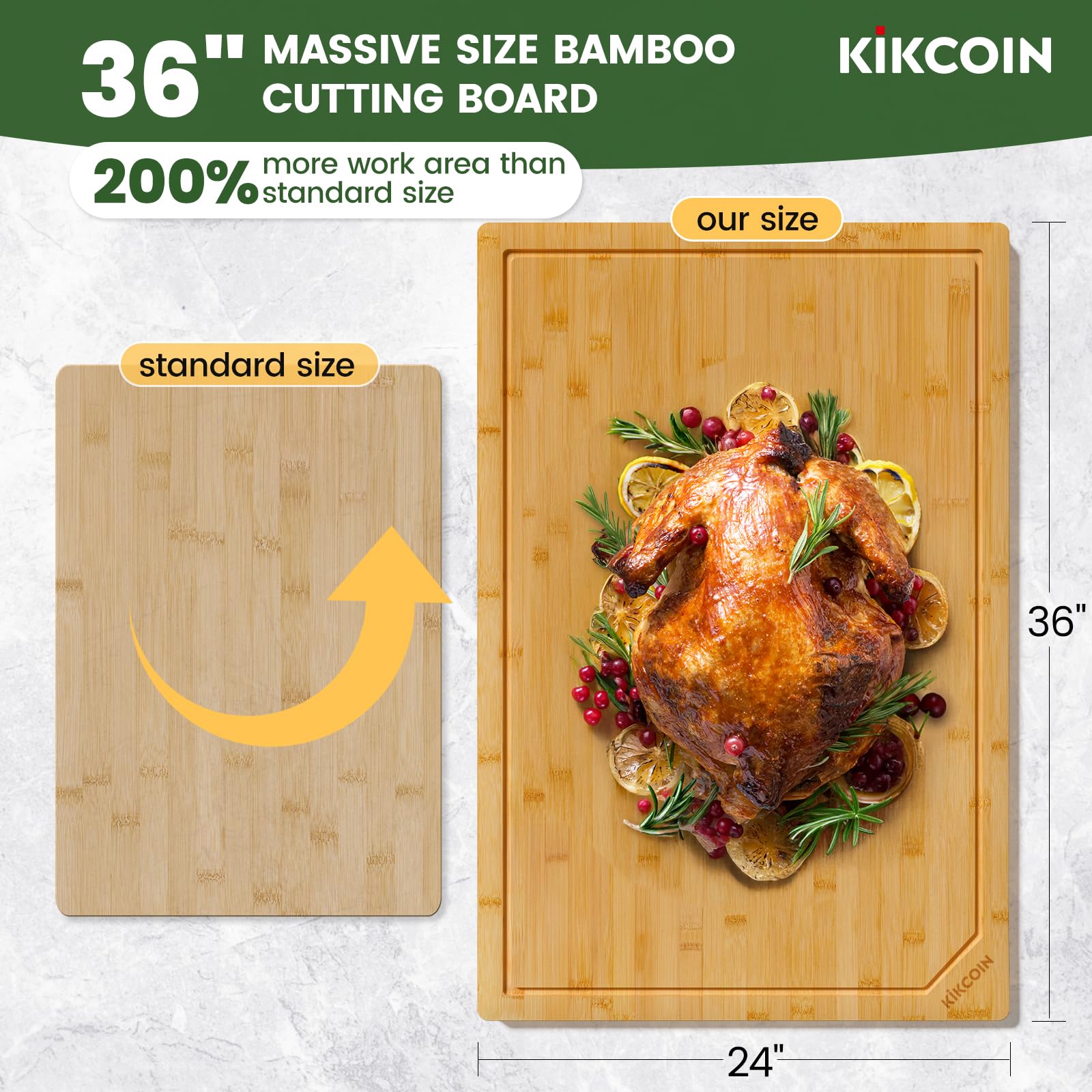 Kikcoin bamboo cutting board with deep juice groove keeps countertops clean during chopping