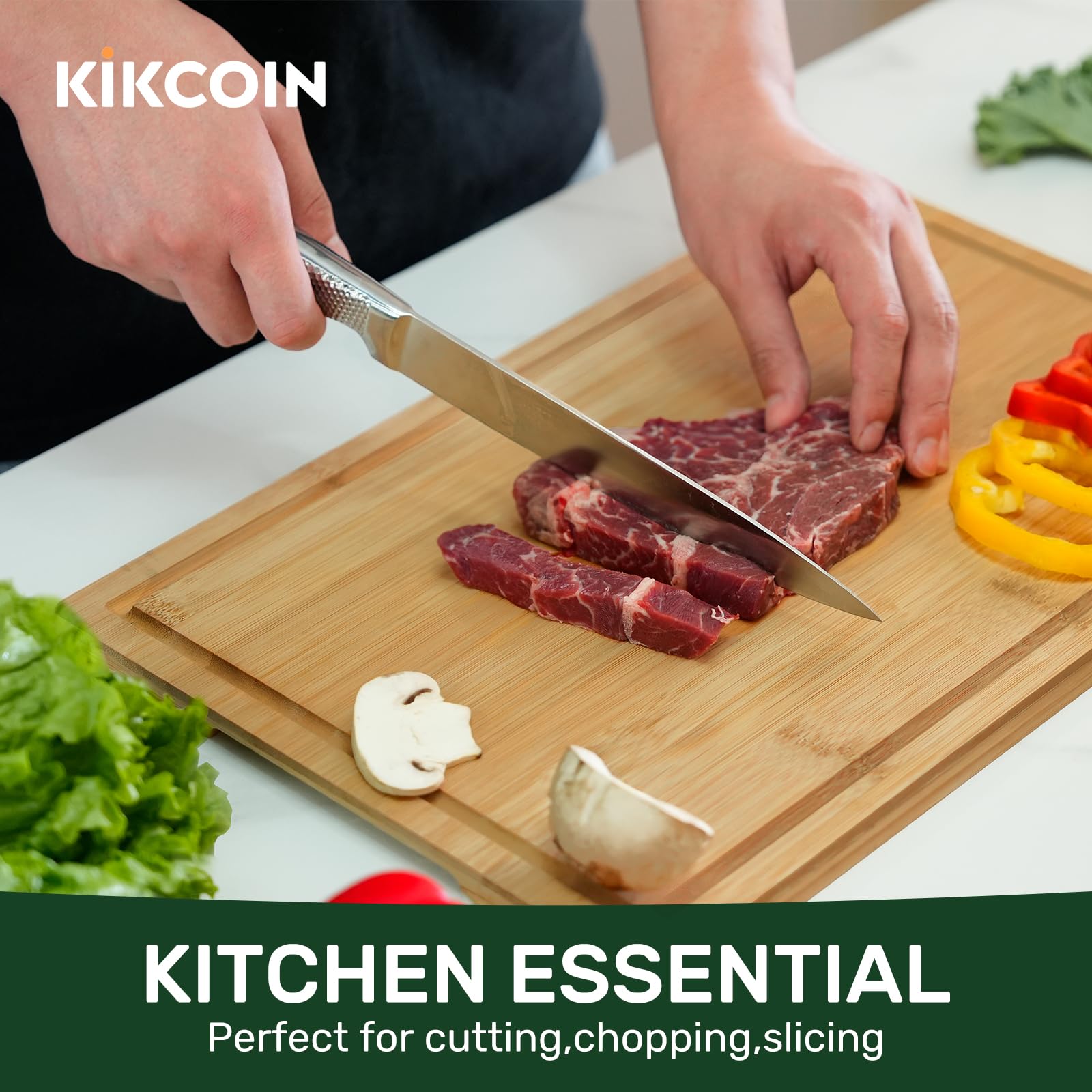 Kikcoin bamboo cutting board with deep juice groove catching liquids.