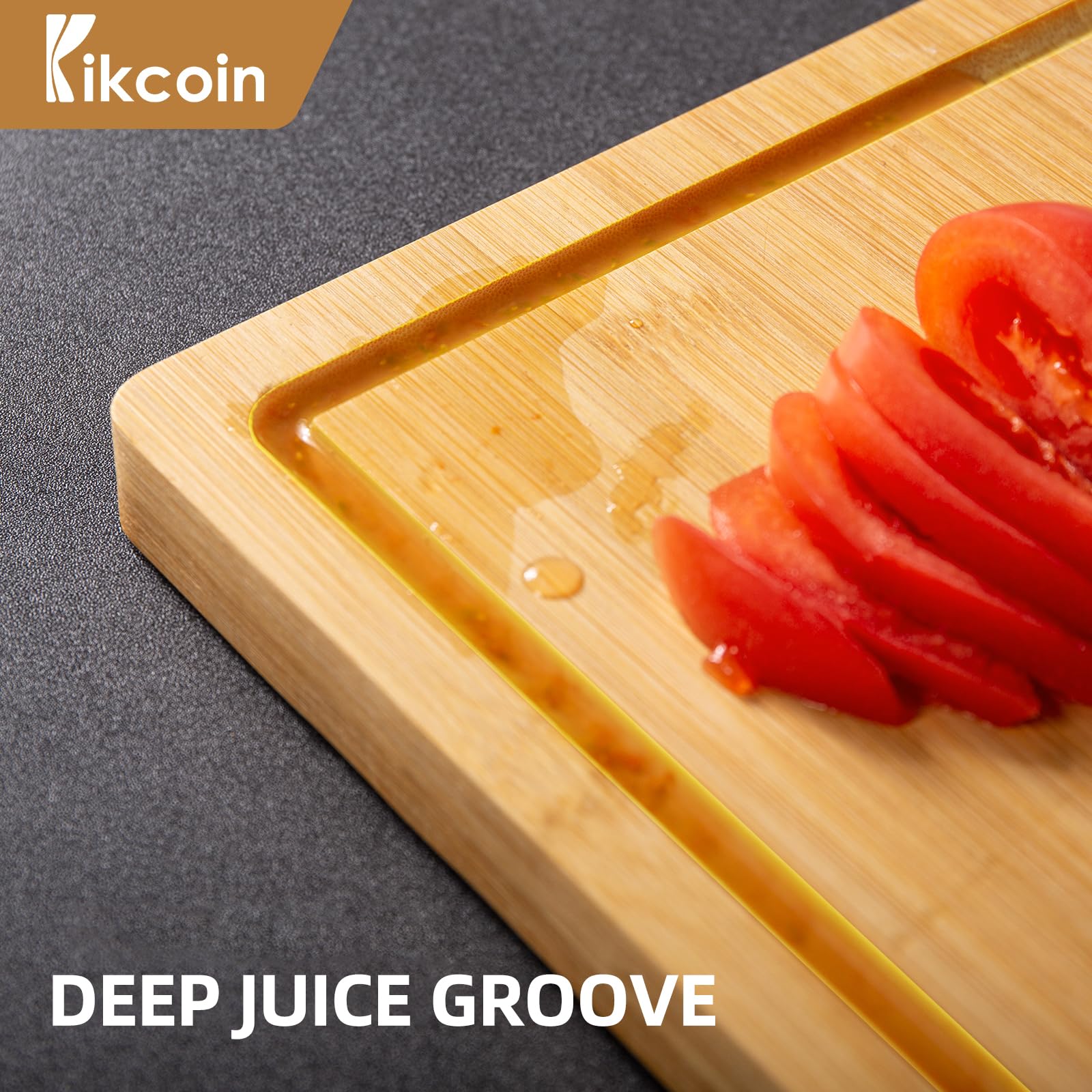 Kikcoin bamboo cutting board with deep juice grooves to contain liquids.