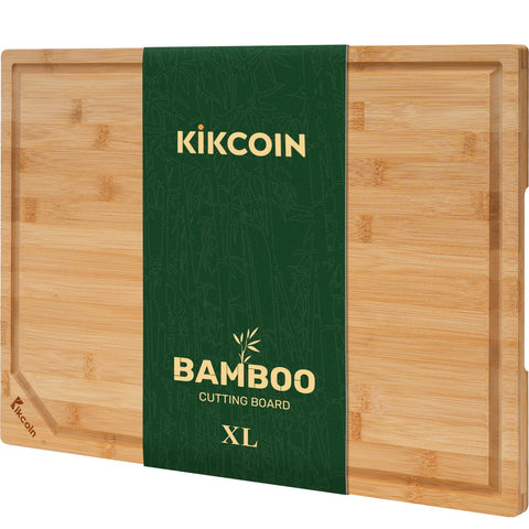 Kikcoin bamboo cutting board extra-large surface for meal prep and stable counter work.