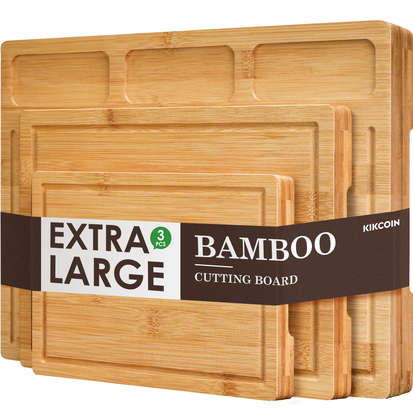 Kikcoin bamboo cutting board set: extra-large with compartments for organized prep and seasoning.