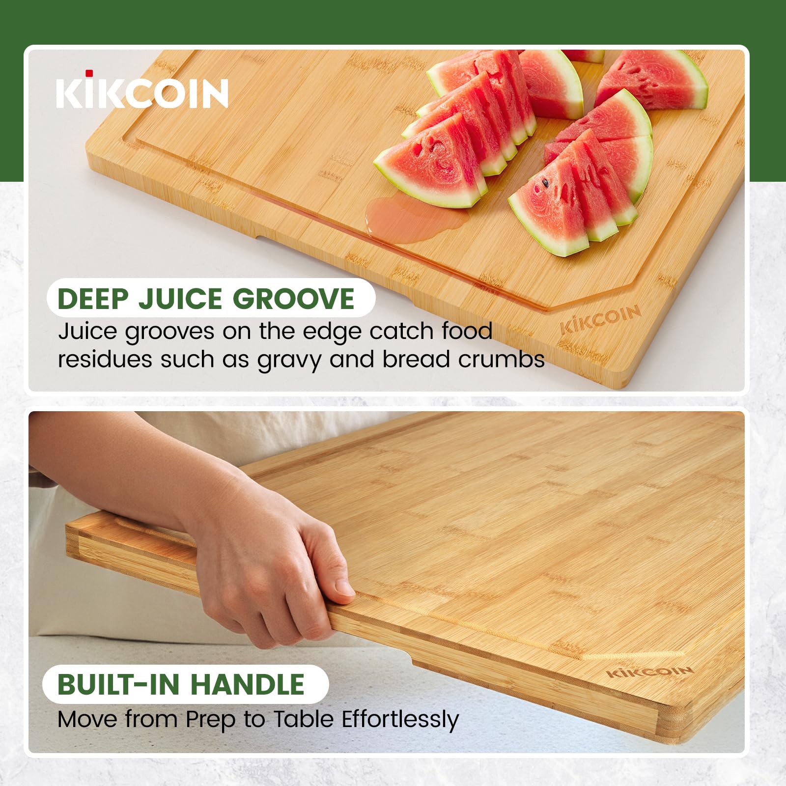 Kikcoin bamboo board ready for serving cheese or charcuterie.