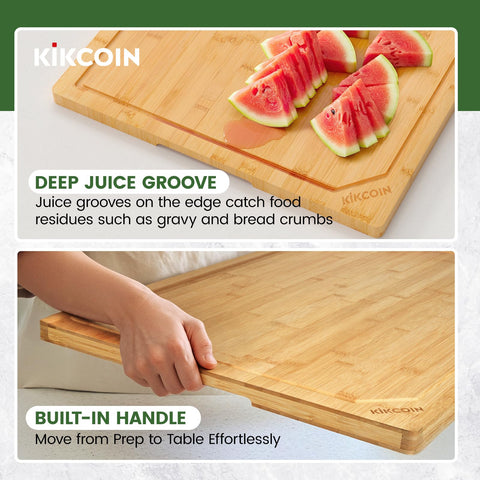 Kikcoin bamboo board ready for serving cheese or charcuterie.