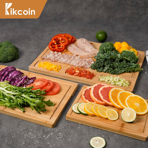 Kikcoin bamboo cutting board gift-ready set, ideal for thoughtful kitchen gifts.