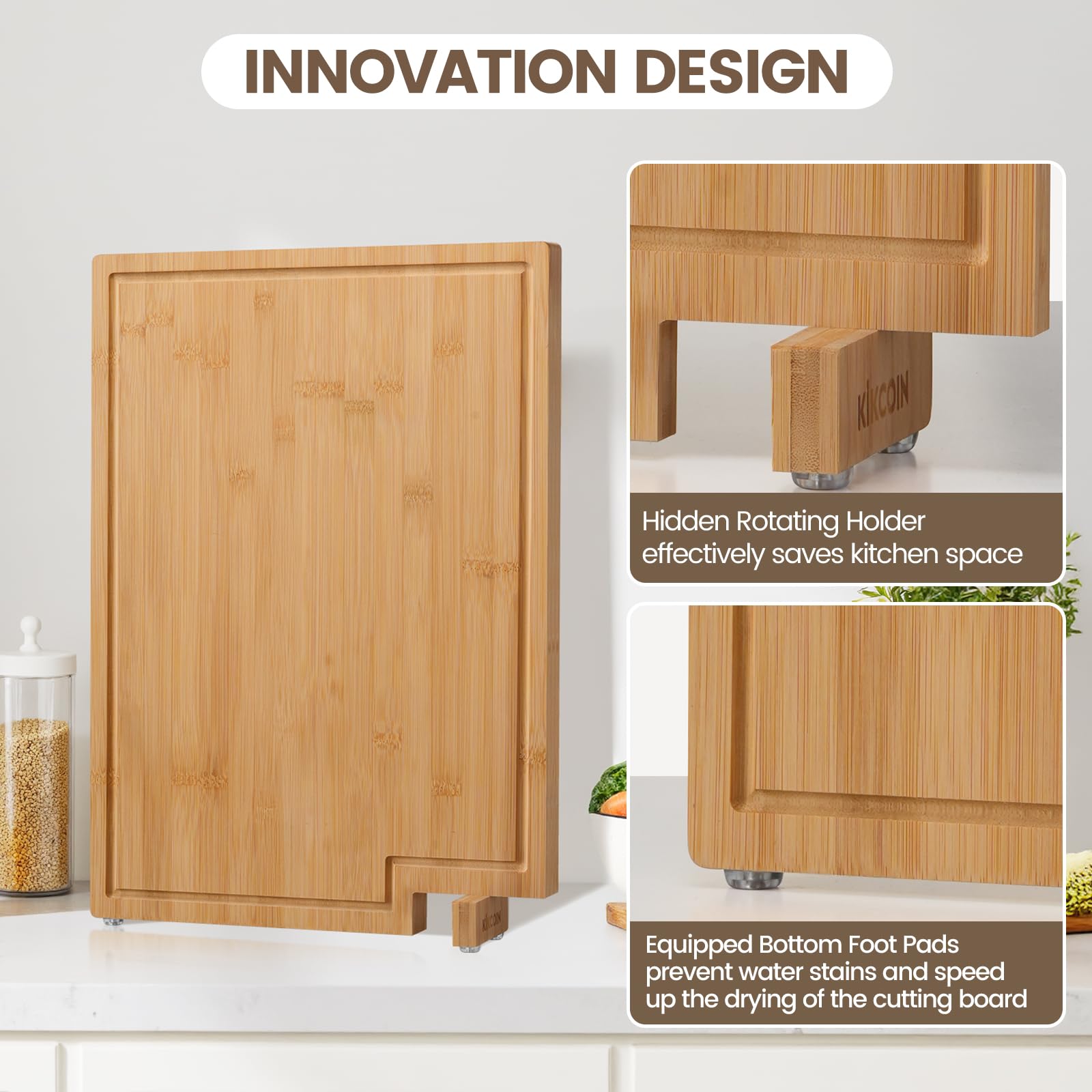 Kikcoin bamboo cutting board with a deep juice groove to catch liquids during prep.