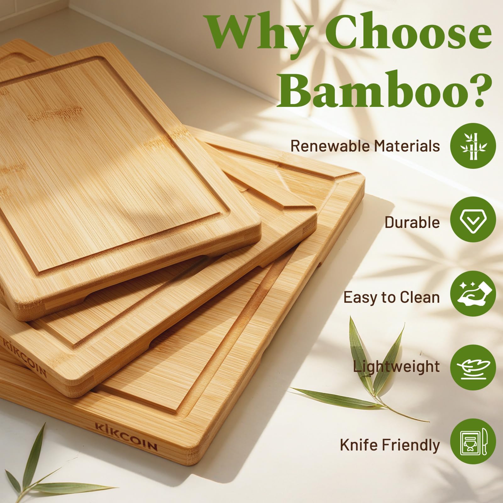 Kikcoin bamboo cutting board juice groove directing juices to the spout