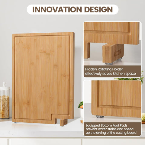 Kikcoin bamboo cutting board with a deep juice groove to catch liquids during prep.