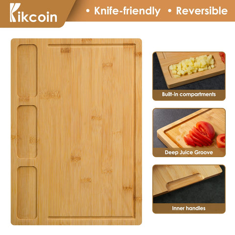Kikcoin bamboo cutting board large for vegetables, keeps prep tidy and slices separate.