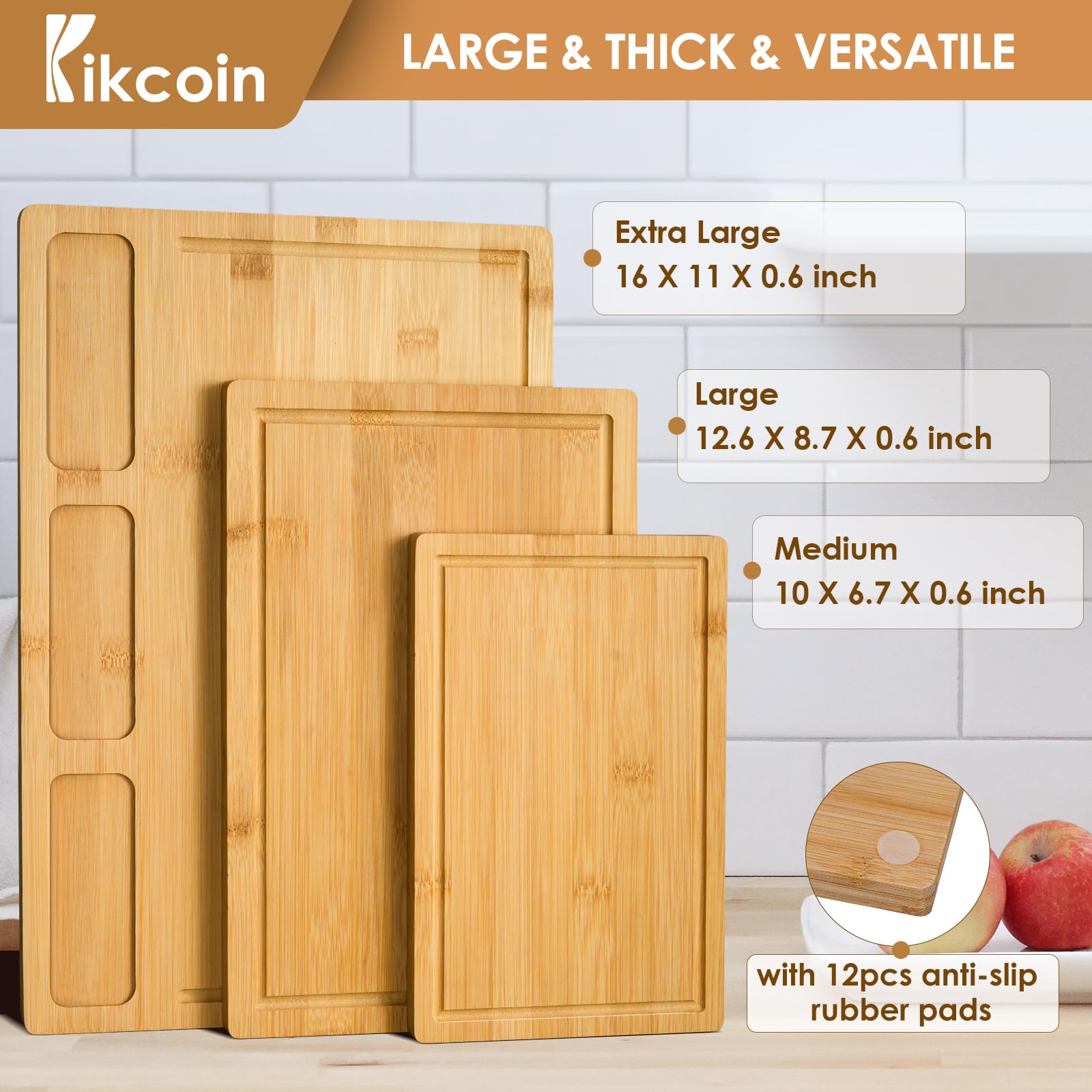 Kikcoin bamboo cutting board medium for fruit, easy to rinse and switch tasks.