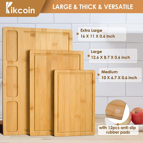 Kikcoin bamboo cutting board medium for fruit, easy to rinse and switch tasks.