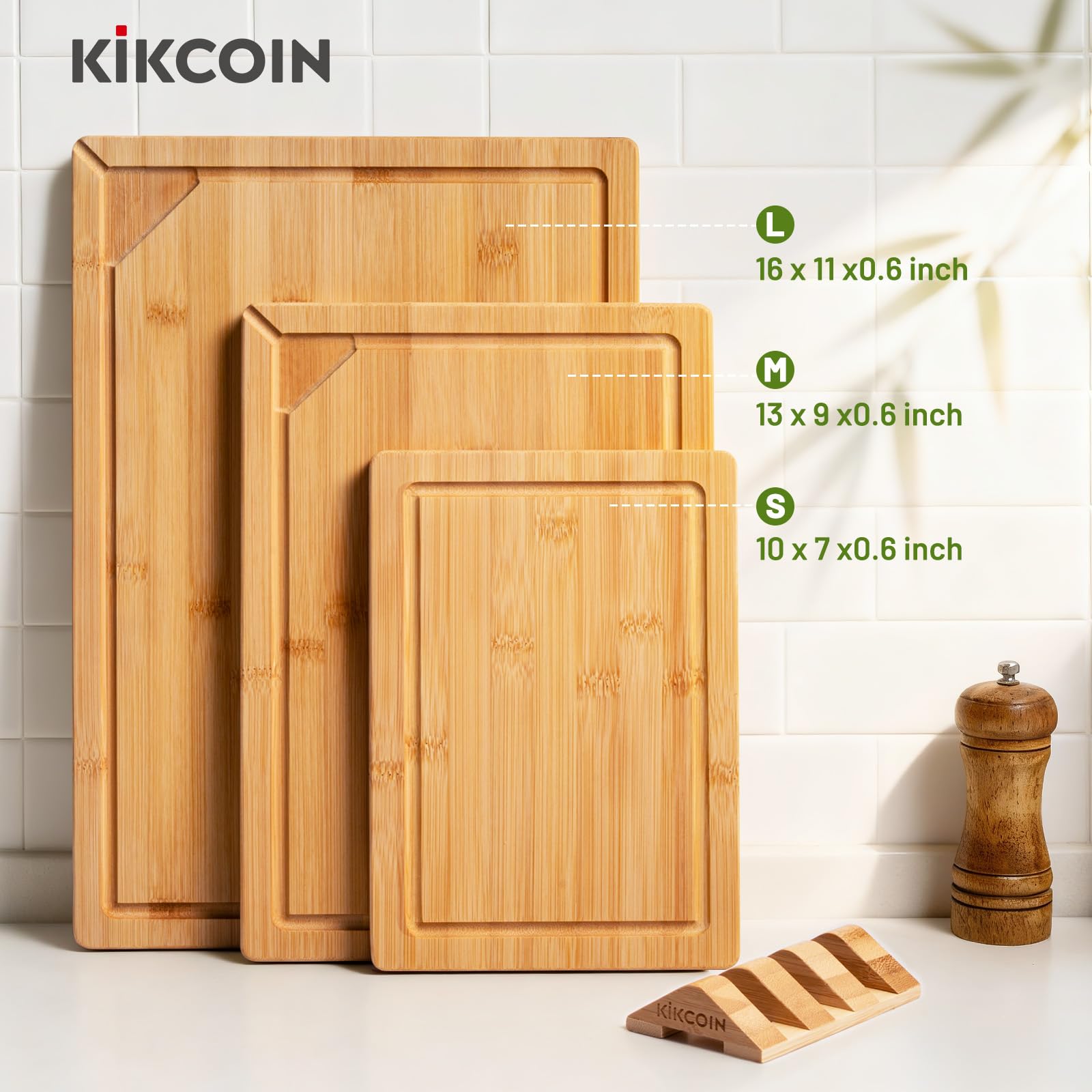 Kikcoin bamboo cutting board with non-slip feet stays firmly in place