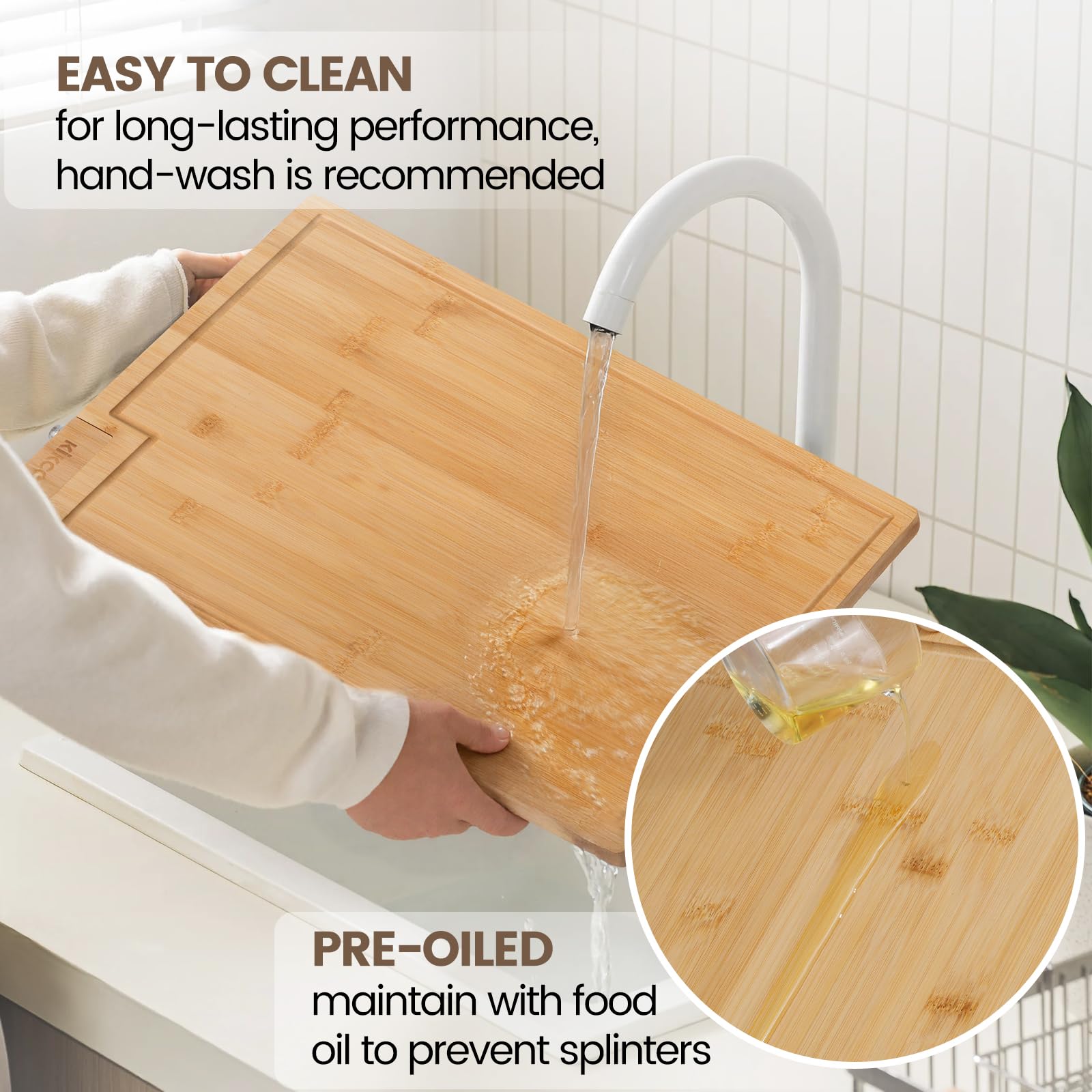 Kikcoin bamboo board doubles as serving tray for meats, vegetables, and fruit.