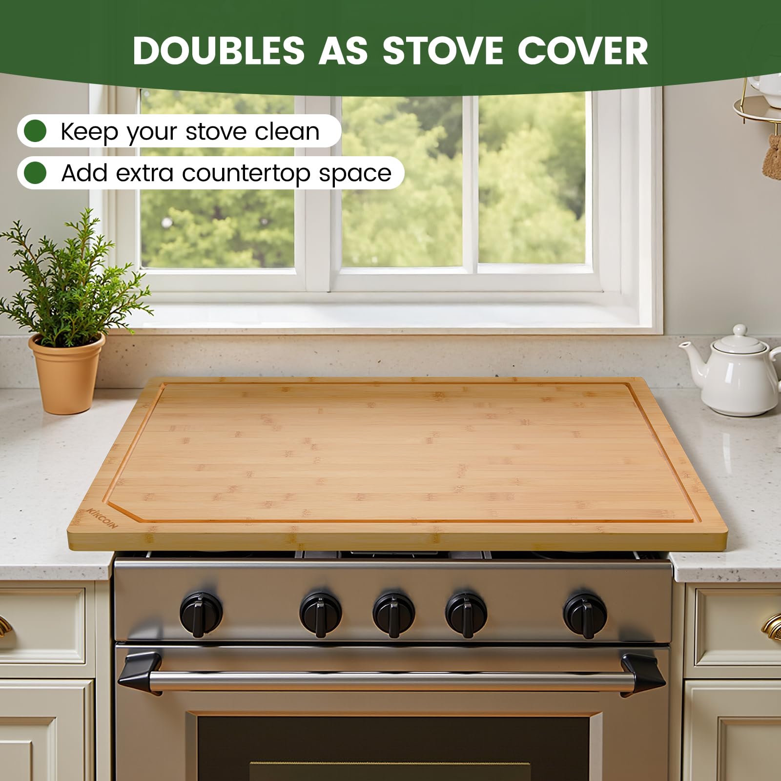 Kikcoin bamboo cutting board shown as stove cover, creating extra workspace
