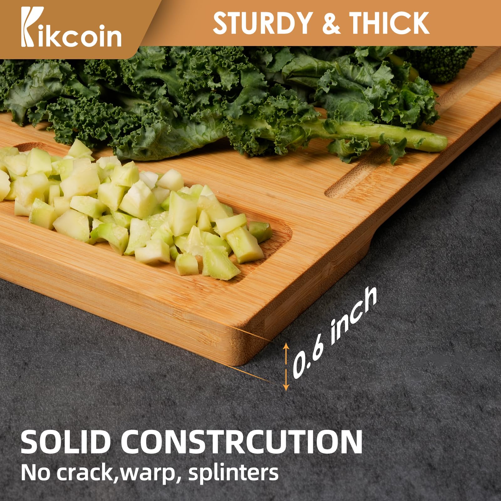 Kikcoin bamboo cutting board thick design for daily durability.