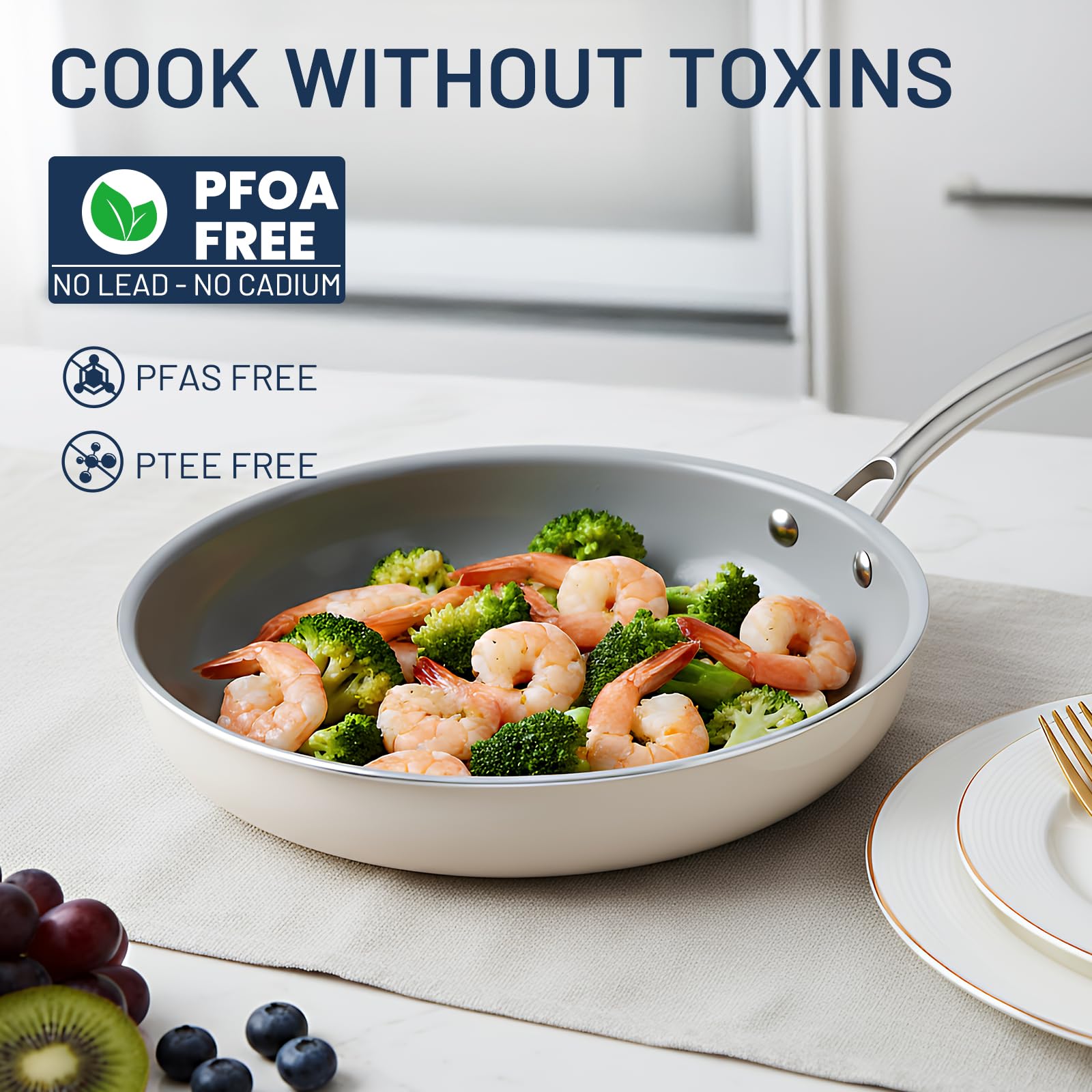 Kikcoin ceramic nonstick pan 11-inch in use on stovetop