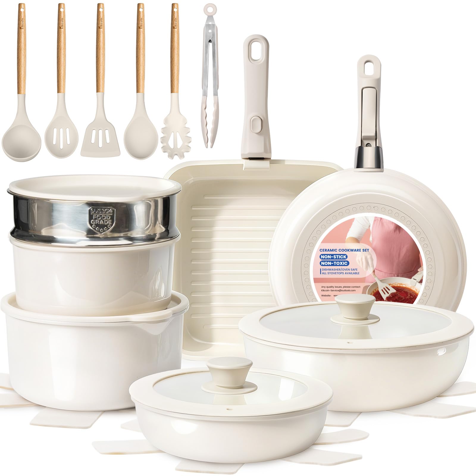 Kikcoin ceramic nonstick pots and pans on stove for easy, low-oil cooking.