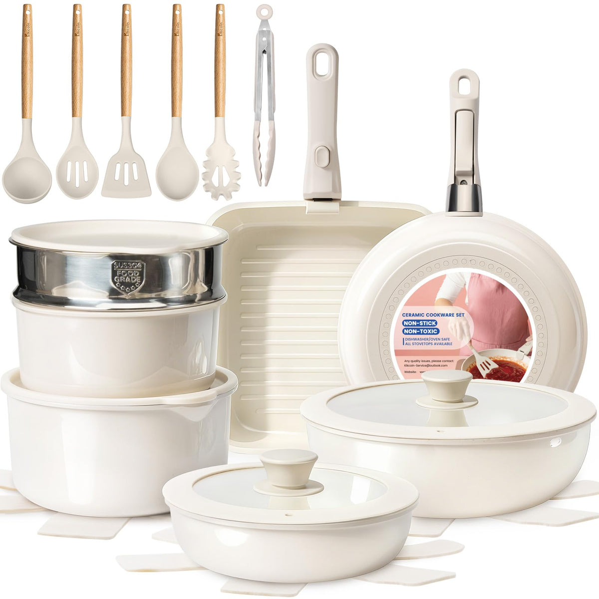 Kikcoin ceramic nonstick pots and pans on stove for easy, low-oil cooking.