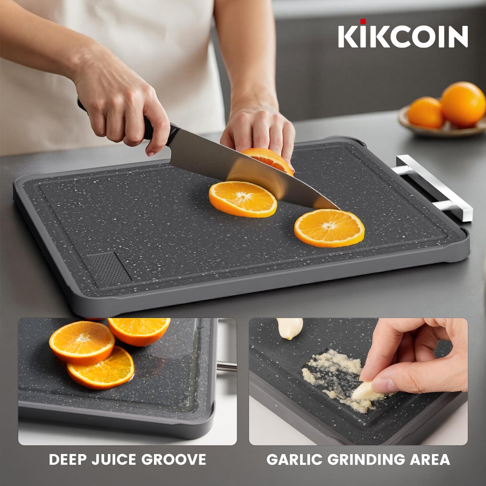 Kikcoin cutting board garlic area for easy aromatics prep