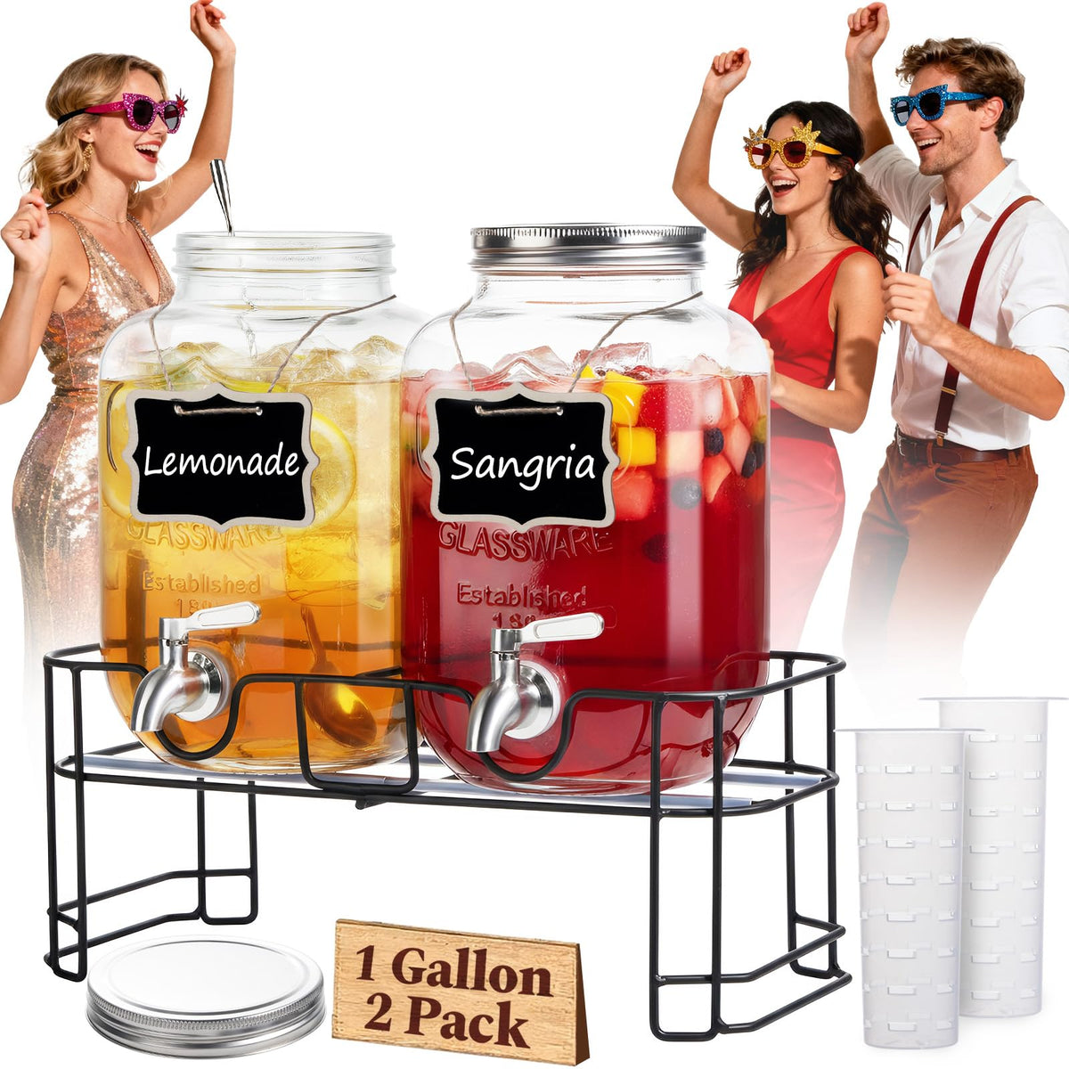 Kikcoin dual 1gal glass dispenser with spigot for clean, leak-free serving at gatherings.
