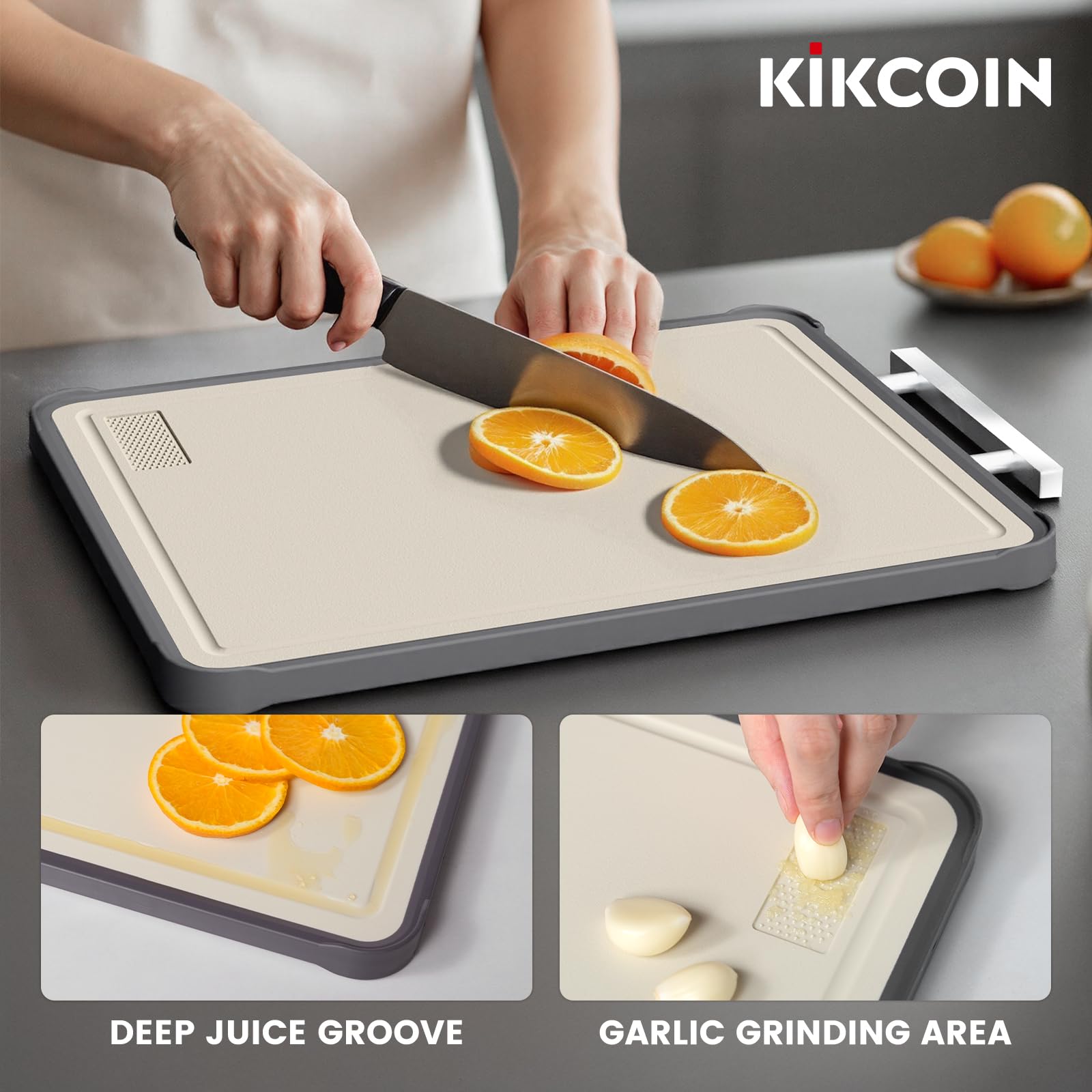Kikcoin juice groove edge catches liquids to keep counters clean.