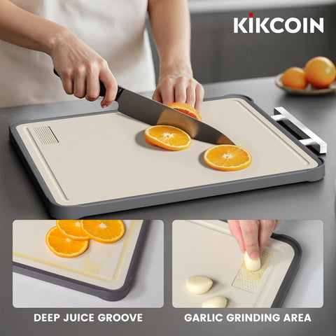 Kikcoin juice groove edge catches liquids to keep counters clean.