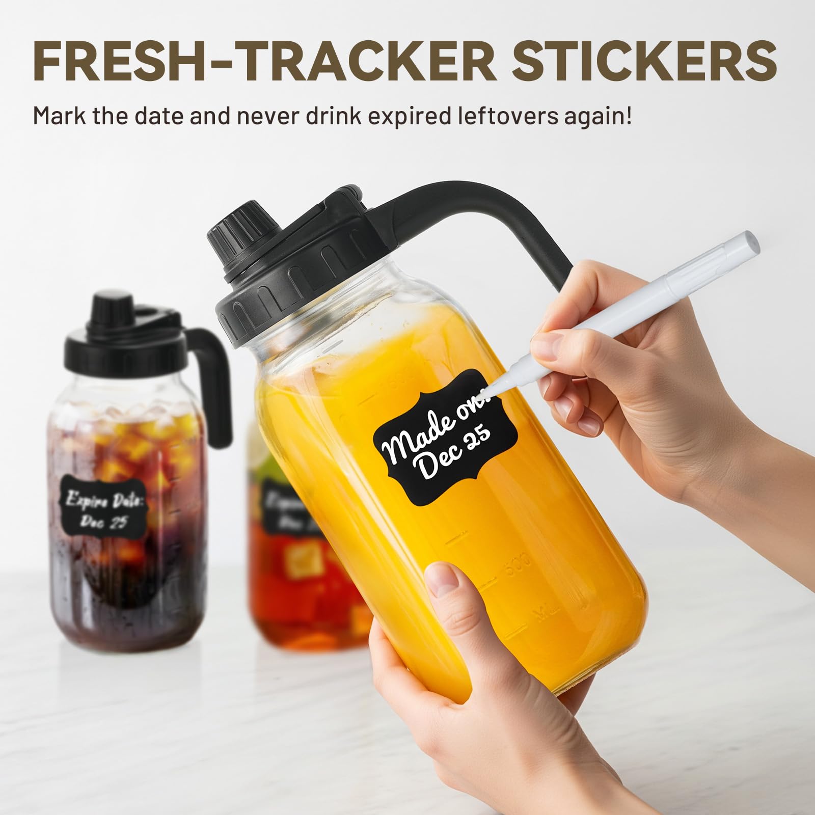 Kikcoin mason jar pitcher labels aid freshness tracking and organization.