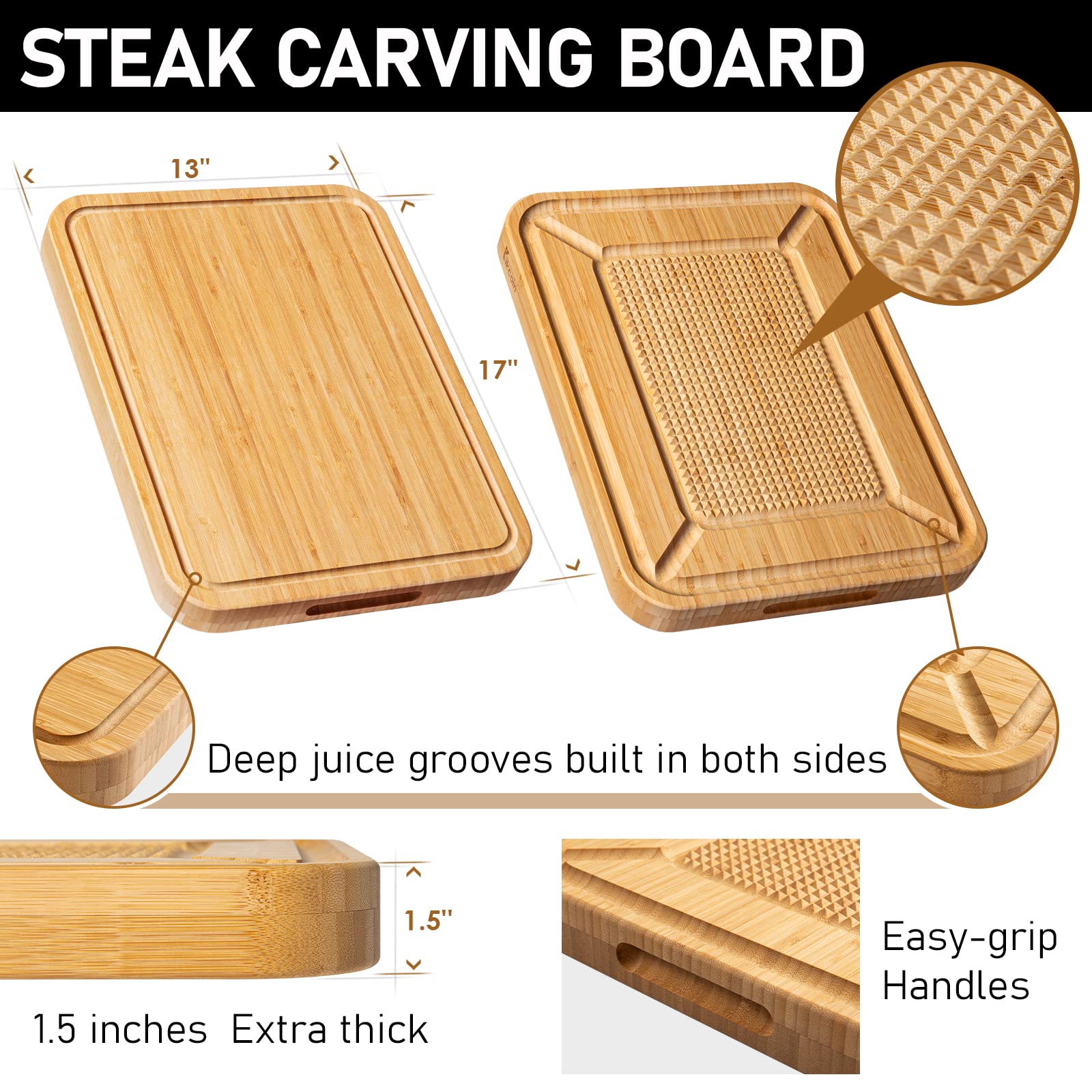 Kikcoin dual-side bamboo board with juice groove keeps counters clean.