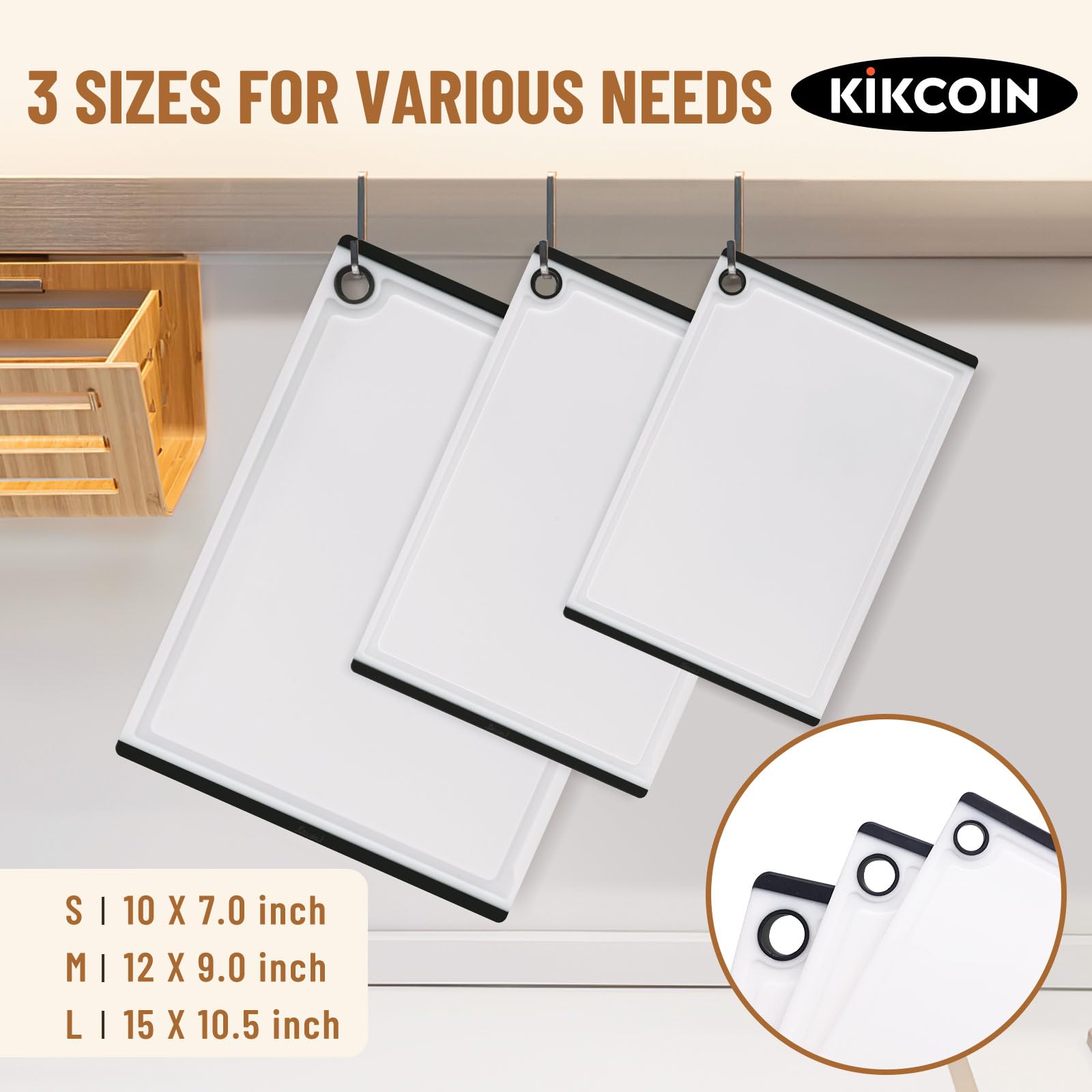 Kikcoin medium cutting board offers ample space for vegetables and prep.