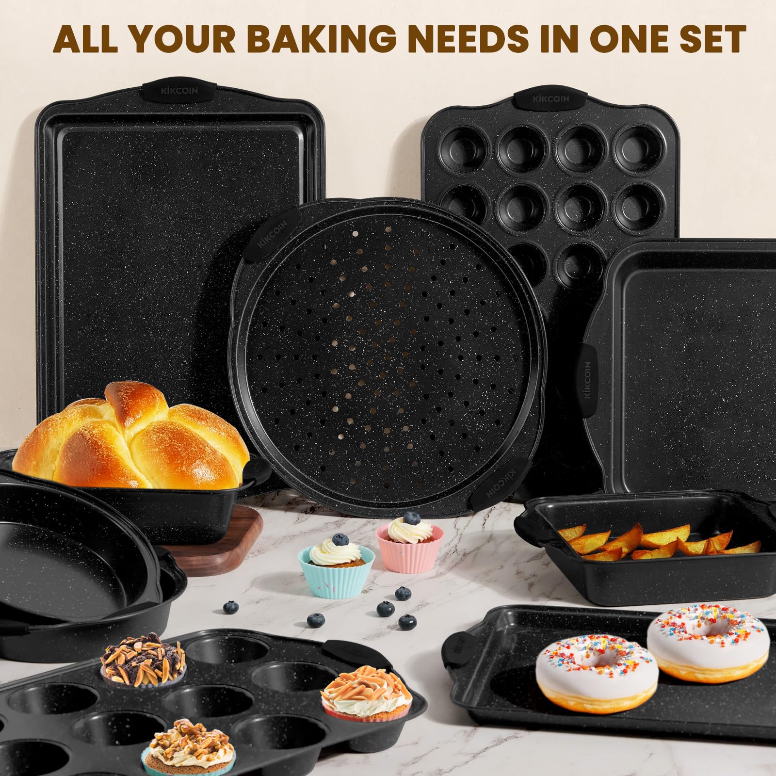 Kikcoin muffin pan supports muffins with easy release and cleanup.