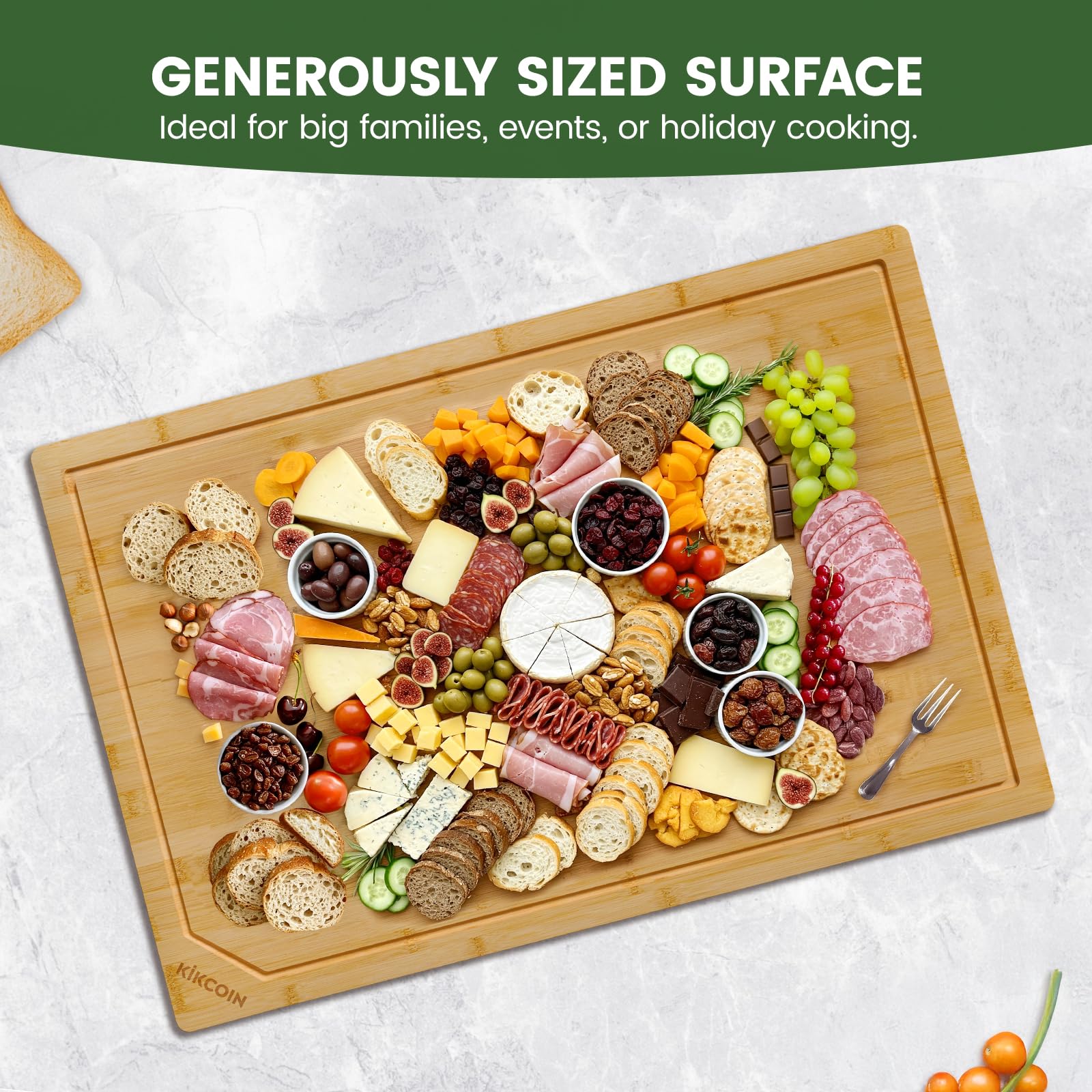 Kikcoin oversized cutting board on counter, stable and sturdy.