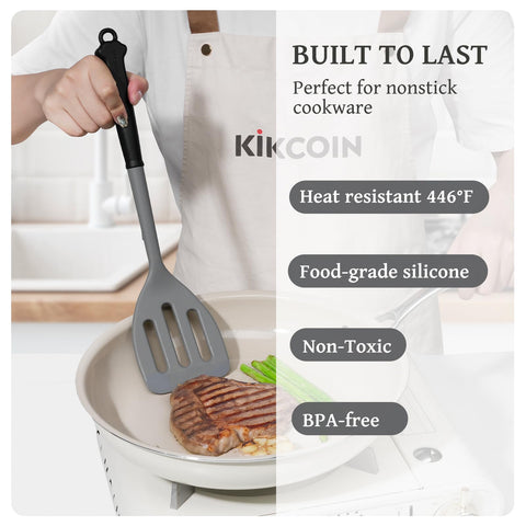 Kikcoin silicone serving spoon designed for stirring and serving safely.