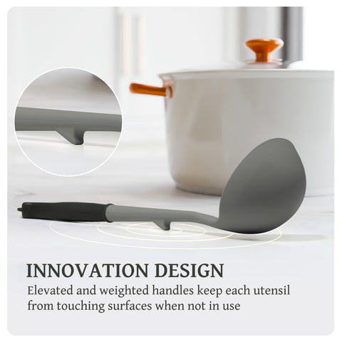 Kikcoin silicone slotted spoon drains liquids without scratching cookware.