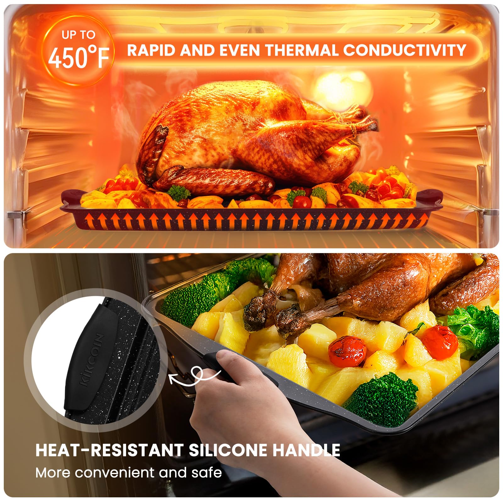 Kikcoin square pan great for casseroles, brownies, and sheet pan meals.