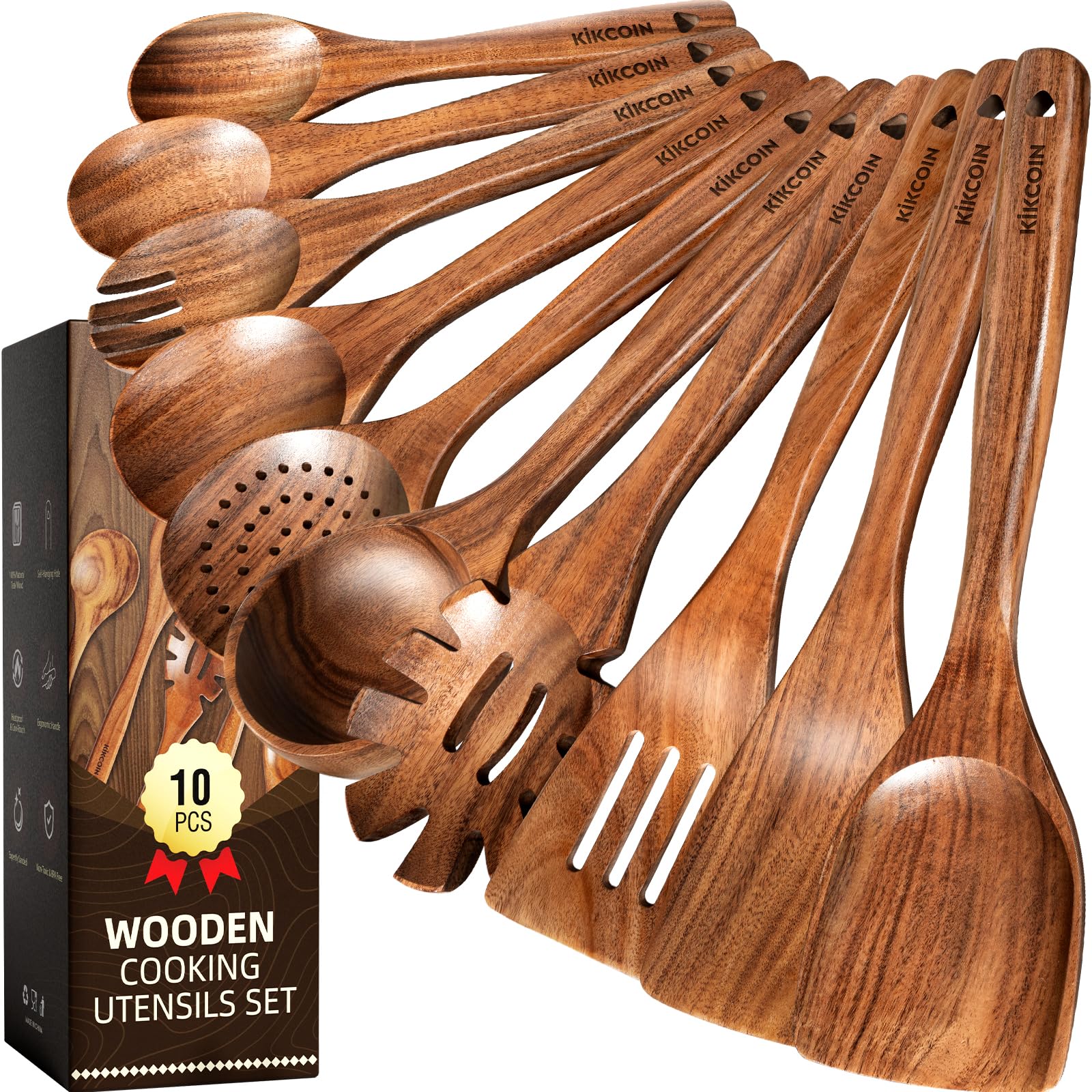 Kikcoin teak ladle for smooth stirring with heat resistance on non-stick cookware